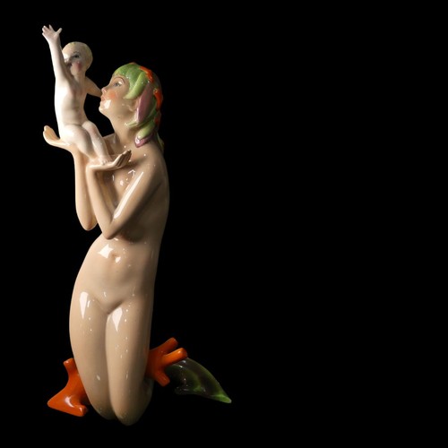 120 - Abele Jacopi for Lenci 'Mamma Sirena' porcelain Figure, the art deco figure with mermaid tail and co... 