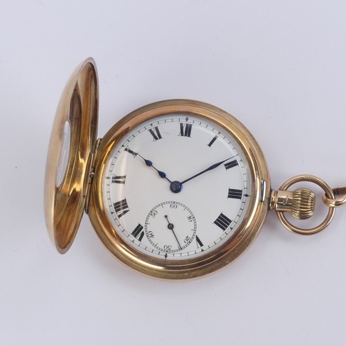 127 - A 9ct gold half hunter Pocket Watch, the white enamel dial with black Roman Numerals and subsidiary ... 