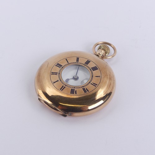 127 - A 9ct gold half hunter Pocket Watch, the white enamel dial with black Roman Numerals and subsidiary ... 