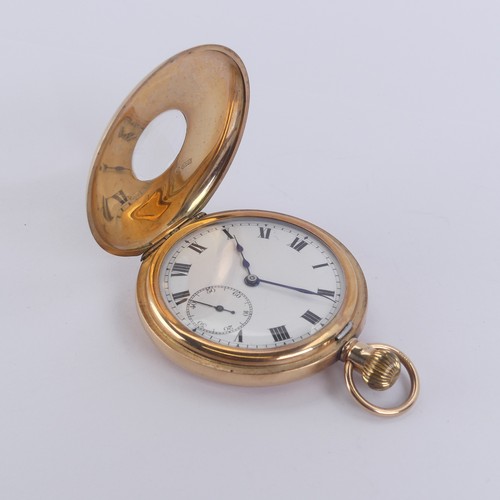 127 - A 9ct gold half hunter Pocket Watch, the white enamel dial with black Roman Numerals and subsidiary ... 