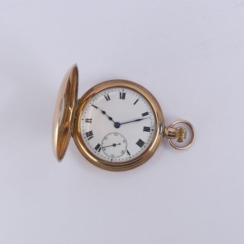 127 - A 9ct gold half hunter Pocket Watch, the white enamel dial with black Roman Numerals and subsidiary ... 