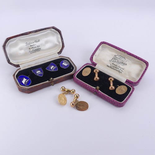 291 - Two pairs of 9ct gold Cufflinks, both with oval fronts engraved with initials and with bar reverses,... 