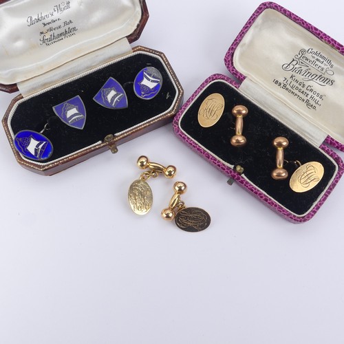 291 - Two pairs of 9ct gold Cufflinks, both with oval fronts engraved with initials and with bar reverses,... 