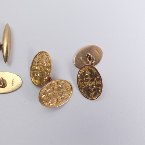 294 - A pair of 9ct rose gold oval Cufflinks, with foliate engraved decoration, together with a pair of 9c... 