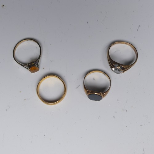 296 - A 22ct yellow gold Band, Size M, 4.6g, together with three 9ct gold rings, one set white paste, Size... 