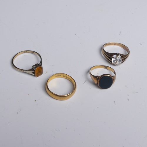 296 - A 22ct yellow gold Band, Size M, 4.6g, together with three 9ct gold rings, one set white paste, Size... 