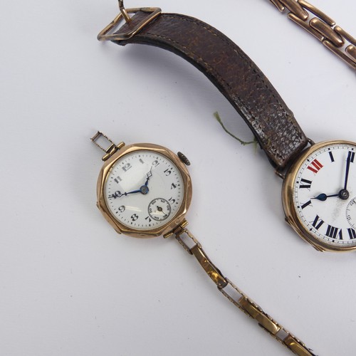 144 - Two 9ct gold lady's Wristwatches, both on damaged 9ct gold expanding bracelet straps, as found, gros... 