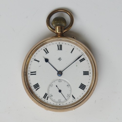 145 - A 9ct gold open face Pocket Watch, the white enamel dial with black Roman Numerals and subsidiary se... 