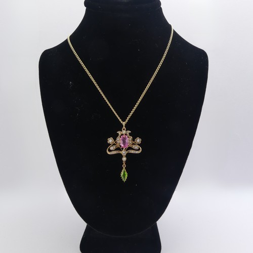 246 - An Edwardian 9ct gold Pendant, in the Art Nouveau style with 'Suffragette' colours set seed pearls, ... 