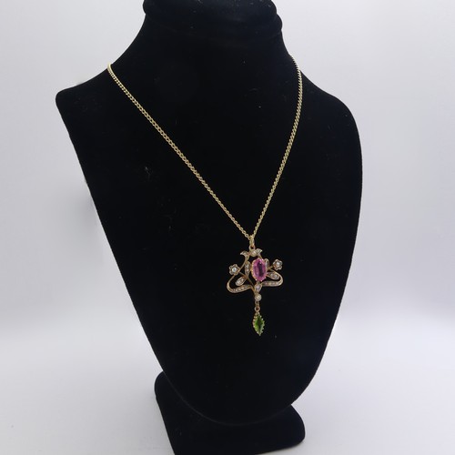 246 - An Edwardian 9ct gold Pendant, in the Art Nouveau style with 'Suffragette' colours set seed pearls, ... 