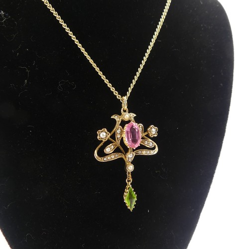 246 - An Edwardian 9ct gold Pendant, in the Art Nouveau style with 'Suffragette' colours set seed pearls, ... 