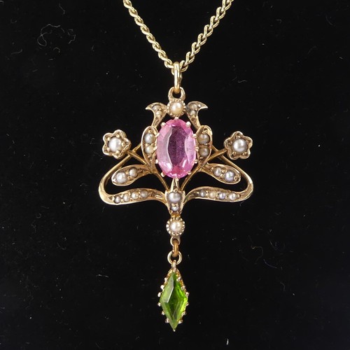 246 - An Edwardian 9ct gold Pendant, in the Art Nouveau style with 'Suffragette' colours set seed pearls, ... 