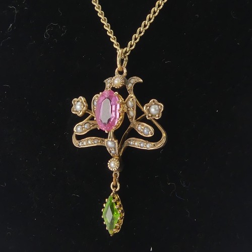 246 - An Edwardian 9ct gold Pendant, in the Art Nouveau style with 'Suffragette' colours set seed pearls, ... 