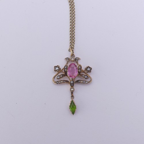 246 - An Edwardian 9ct gold Pendant, in the Art Nouveau style with 'Suffragette' colours set seed pearls, ... 