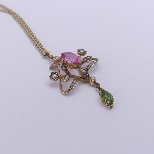 246 - An Edwardian 9ct gold Pendant, in the Art Nouveau style with 'Suffragette' colours set seed pearls, ... 