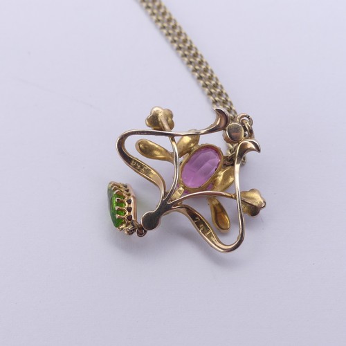 246 - An Edwardian 9ct gold Pendant, in the Art Nouveau style with 'Suffragette' colours set seed pearls, ... 