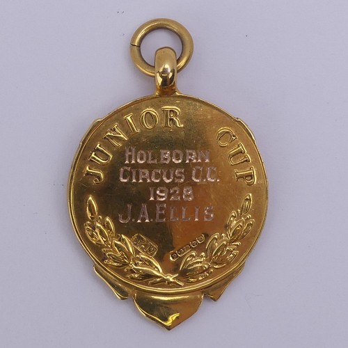 302 - A 9ct yellow gold Prize Fob, from the 'West End Cricket Association', with presentation inscription ... 