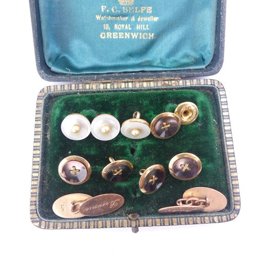 303 - A cased 15ct gold Stud / Stick Pin Set, with screw fitting cultured pearl finial, together with five... 