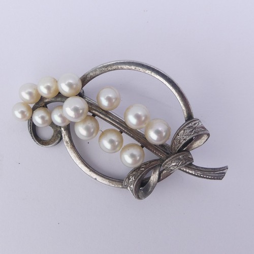 276 - Mikimoto; A vintage silver and cultured pearl foliate spray Brooch, the reverse marked 'M S' (for Mi... 