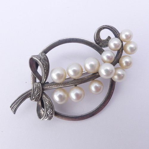 276 - Mikimoto; A vintage silver and cultured pearl foliate spray Brooch, the reverse marked 'M S' (for Mi... 