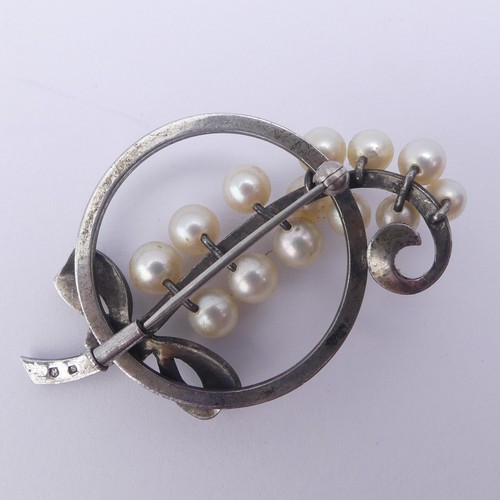 276 - Mikimoto; A vintage silver and cultured pearl foliate spray Brooch, the reverse marked 'M S' (for Mi... 