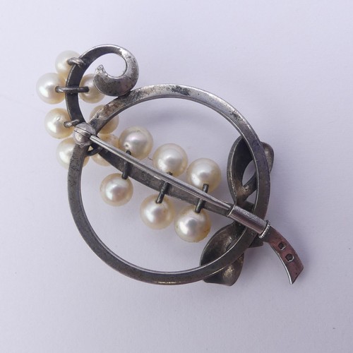 276 - Mikimoto; A vintage silver and cultured pearl foliate spray Brooch, the reverse marked 'M S' (for Mi... 