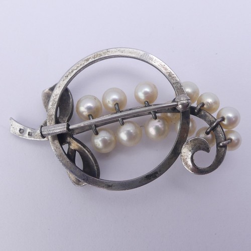 276 - Mikimoto; A vintage silver and cultured pearl foliate spray Brooch, the reverse marked 'M S' (for Mi... 