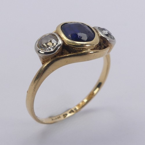 177 - A sapphire and diamond three stone Ring, the cushion shaped facetted central sapphire approx. 5.75mm... 