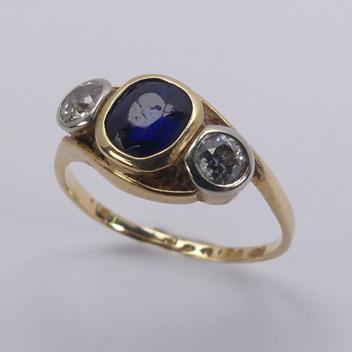 177 - A sapphire and diamond three stone Ring, the cushion shaped facetted central sapphire approx. 5.75mm... 