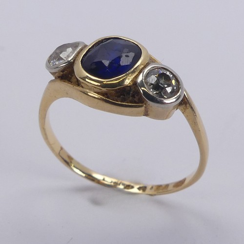 177 - A sapphire and diamond three stone Ring, the cushion shaped facetted central sapphire approx. 5.75mm... 