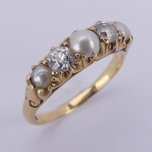 181 - A diamond and half pearl five stone Ring, with two old cut diamonds each approx. 0.25ct and three gr... 