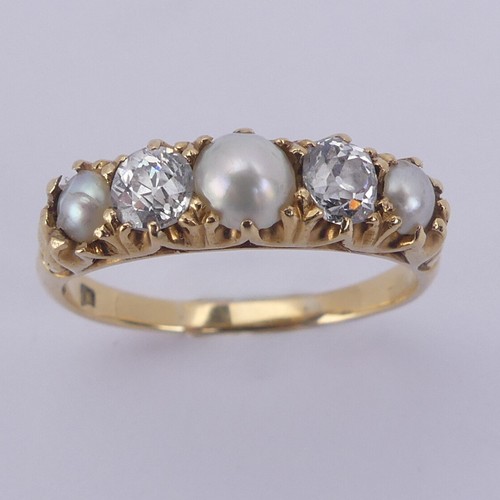 181 - A diamond and half pearl five stone Ring, with two old cut diamonds each approx. 0.25ct and three gr... 