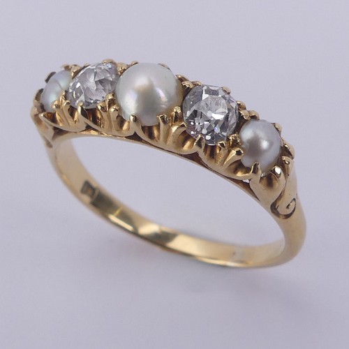 181 - A diamond and half pearl five stone Ring, with two old cut diamonds each approx. 0.25ct and three gr... 