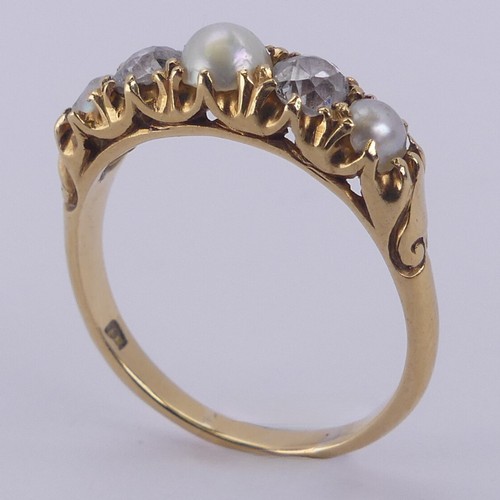 181 - A diamond and half pearl five stone Ring, with two old cut diamonds each approx. 0.25ct and three gr... 