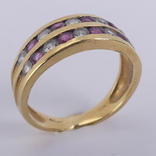 186 - An 18ct yellow gold half hoop Eternity Ring, the front with two channel set rows of small rubies and... 