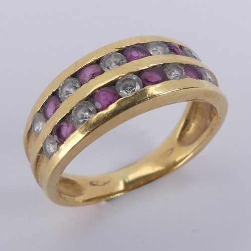 186 - An 18ct yellow gold half hoop Eternity Ring, the front with two channel set rows of small rubies and... 