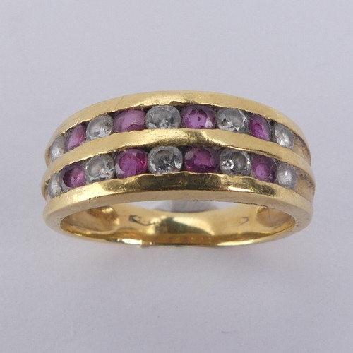 186 - An 18ct yellow gold half hoop Eternity Ring, the front with two channel set rows of small rubies and... 