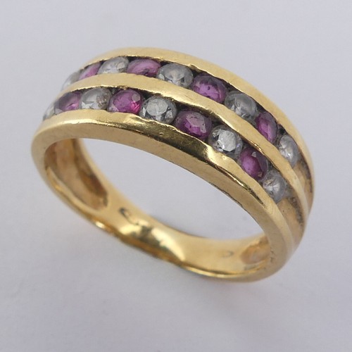 186 - An 18ct yellow gold half hoop Eternity Ring, the front with two channel set rows of small rubies and... 