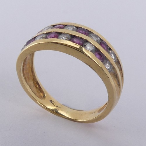 186 - An 18ct yellow gold half hoop Eternity Ring, the front with two channel set rows of small rubies and... 