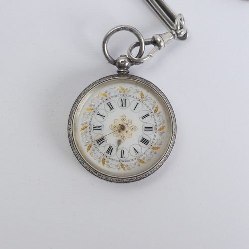 150 - A pretty Continental silver Fob Watch, the white enamel dial with Roman Numerals, silver and gilt fo... 