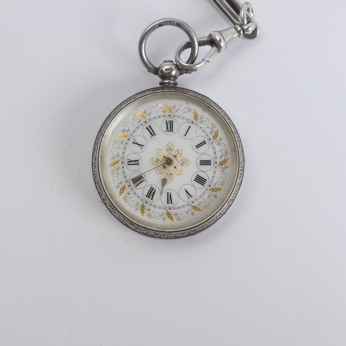 150 - A pretty Continental silver Fob Watch, the white enamel dial with Roman Numerals, silver and gilt fo... 