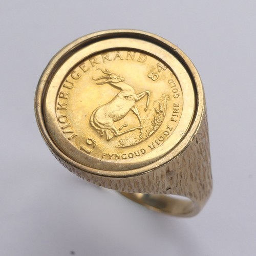 342 - A South African 1/10oz Krugerrand, dated 1984, in 9ct gold ring mount, Size V, 7.8g.... 