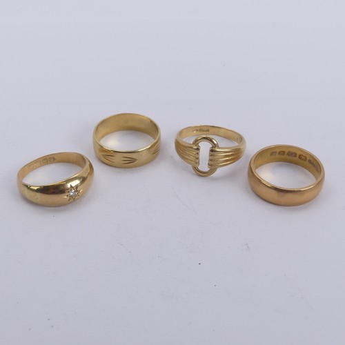 314 - A 22ct gold Band, Size N, 6.2g, together with three 18ct gold rings, one gypsy set diamond point, Si... 