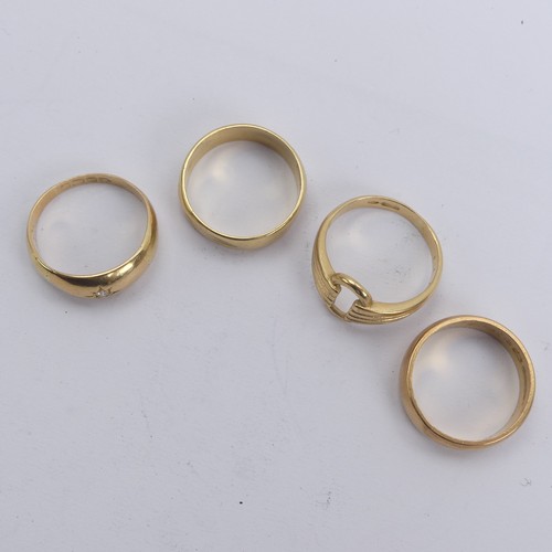 314 - A 22ct gold Band, Size N, 6.2g, together with three 18ct gold rings, one gypsy set diamond point, Si... 