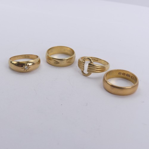 314 - A 22ct gold Band, Size N, 6.2g, together with three 18ct gold rings, one gypsy set diamond point, Si... 