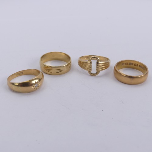 314 - A 22ct gold Band, Size N, 6.2g, together with three 18ct gold rings, one gypsy set diamond point, Si... 