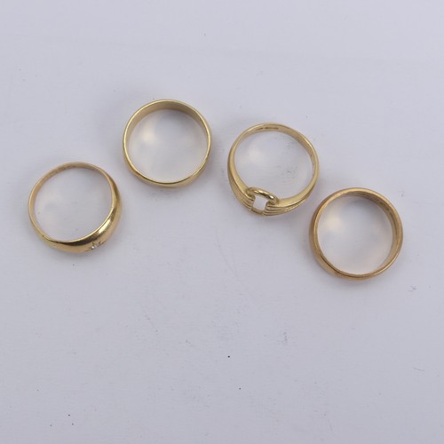 314 - A 22ct gold Band, Size N, 6.2g, together with three 18ct gold rings, one gypsy set diamond point, Si... 