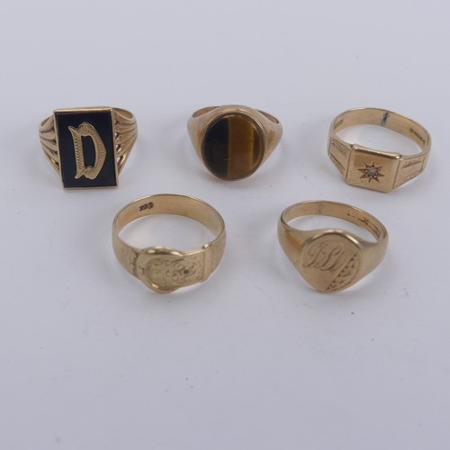 315 - Five 9ct yellow gold gentleman's Signet Rings, variously set including oval tiger's eye, SizeU, blac... 