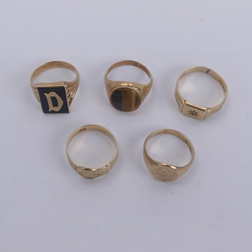 315 - Five 9ct yellow gold gentleman's Signet Rings, variously set including oval tiger's eye, SizeU, blac... 