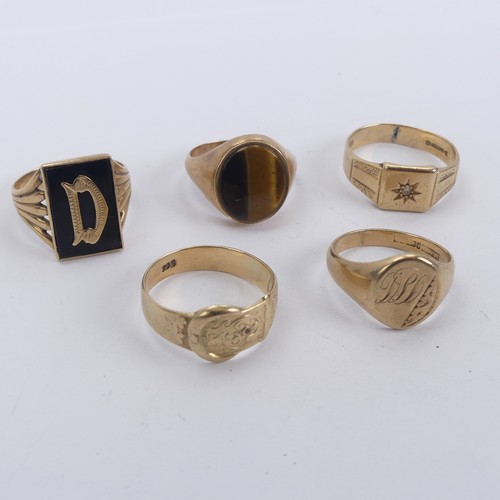 315 - Five 9ct yellow gold gentleman's Signet Rings, variously set including oval tiger's eye, SizeU, blac... 